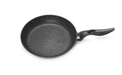 Black frying pan with handle on white background