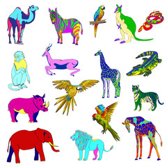 Vector color illustration. Set of animals, parrot, giraffe, monkey, gazelle, elephant, rhinoceros, kangaroo, camel, lion, zebra, crocodile, snake, tiger.