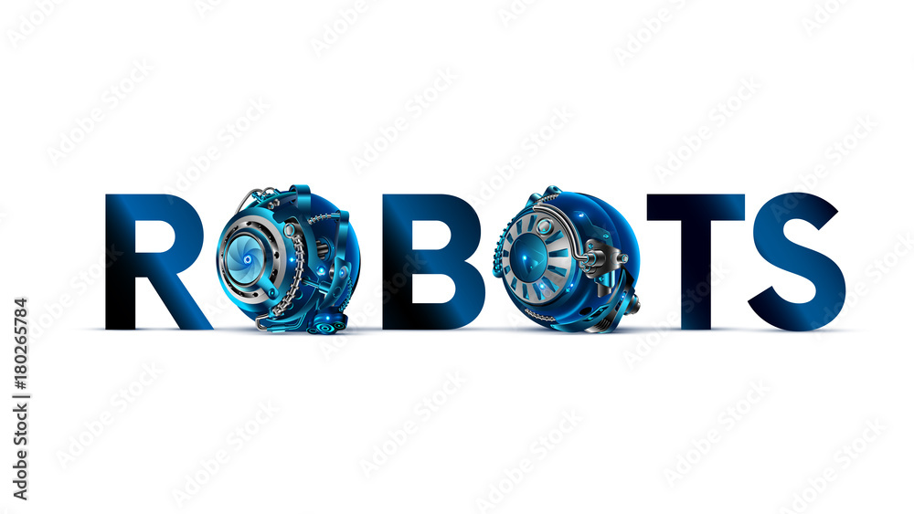 Aufkleber The word or logo ROBOTS with mechanical letters on white background in the style of cyberpunk. The letter O in the style of the details of the cybernetic mechanism or robot