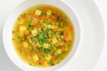 dry pea soup decorated with parsley
