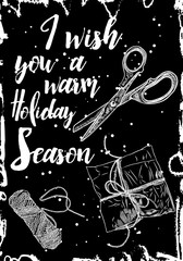 Gift box wrapping with scissors and thread coils,  preparation.  Invitation Merry Christmas poster banner and card design template with calligraphy. Typography flyer or poster design. Vector.