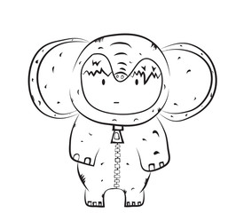 child in an elephant suit, child event, vector image, flat design, Black and White drawing
