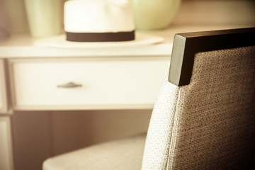 closed up of working chair with background of white desk room interior concept