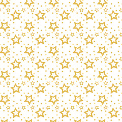 Golden Stars on white background. Christmas snowy seamless pattern. Winter holiday vector illustration.