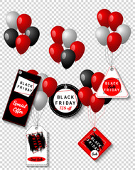 Black Friday sale black tags with colored balloons set, advertising, vector illustration. Special offer, discount template.Transparent background.