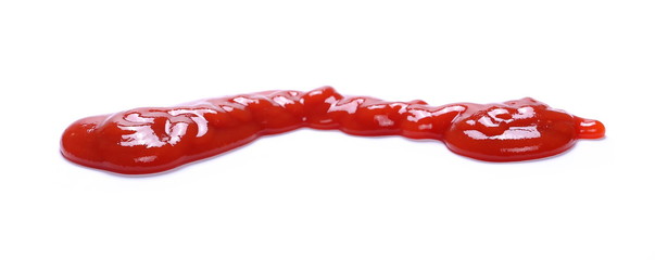 red ketchup splashes isolated on white background, tomato pure texture