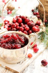 Cranberry Sauce on white wooden background / Thanksgiving food