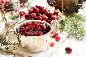 Cranberry Sauce on white wooden background / Thanksgiving food