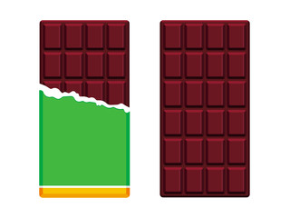 Dark chocolate bars in open package. Chocolate flat design. Vector illustration