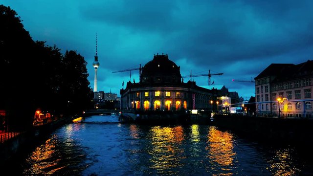 Berlin, Germany. Museum island on Spree river and Alexanderplatz TV tower in Berlin, Germany. During the night with illumination