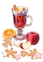 Mulled wine and Christmas treat. Watercolor.