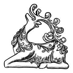 Reindeer isolated on white background. Deer holiday symbol. Decoration design for Xmas and Christmas cards, banners and flyers. Luxury hand drawn New Years ornate element for tree decor. Vector.