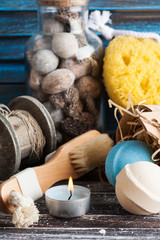 Bath accessories on rustic wooden table