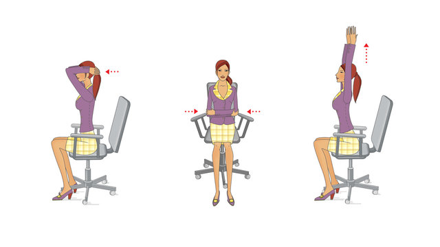 A young woman in the office performs exercises to strengthen and relax the muscles of the neck, arms and trunk sitting on a chair. Isolated on white background