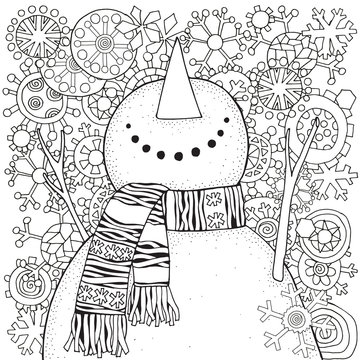 Cheerful snowman and snowflakes. Winter, snow, sled, carrot, buttons. Merry Christmas, Happy New Year. Pattern for adult coloring book. Black and white.