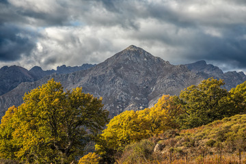 San Parteo mountain in Corsica with autumnal trees