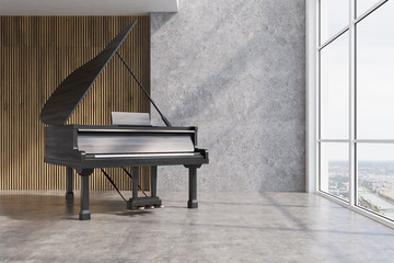 Black piano in a concrete and wooden room - obrazy, fototapety, plakaty