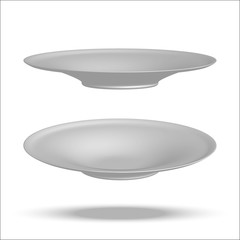 Realistic vector illustration plate. Isolated on white background. View from above. Set of empty white plates and bowls. Kitchen utensils. 3d mock up