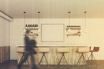 White and wooden bar, poster, people