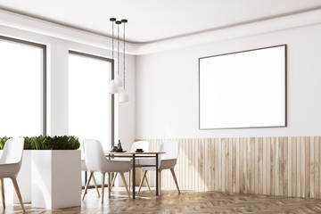 White cafe interior corner, poster, wood
