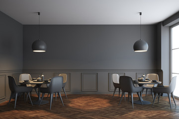 Gray loft cafe interior, gray chairs