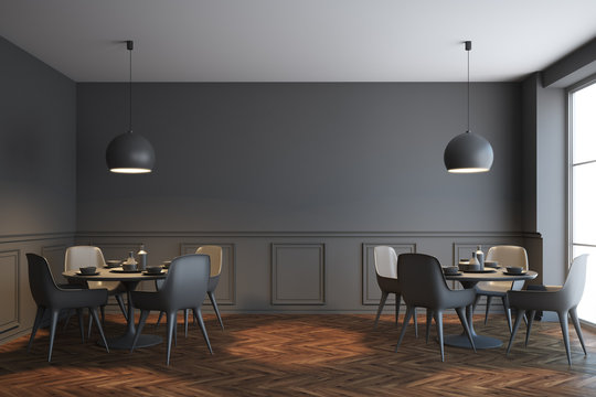 Gray loft cafe interior, gray chairs