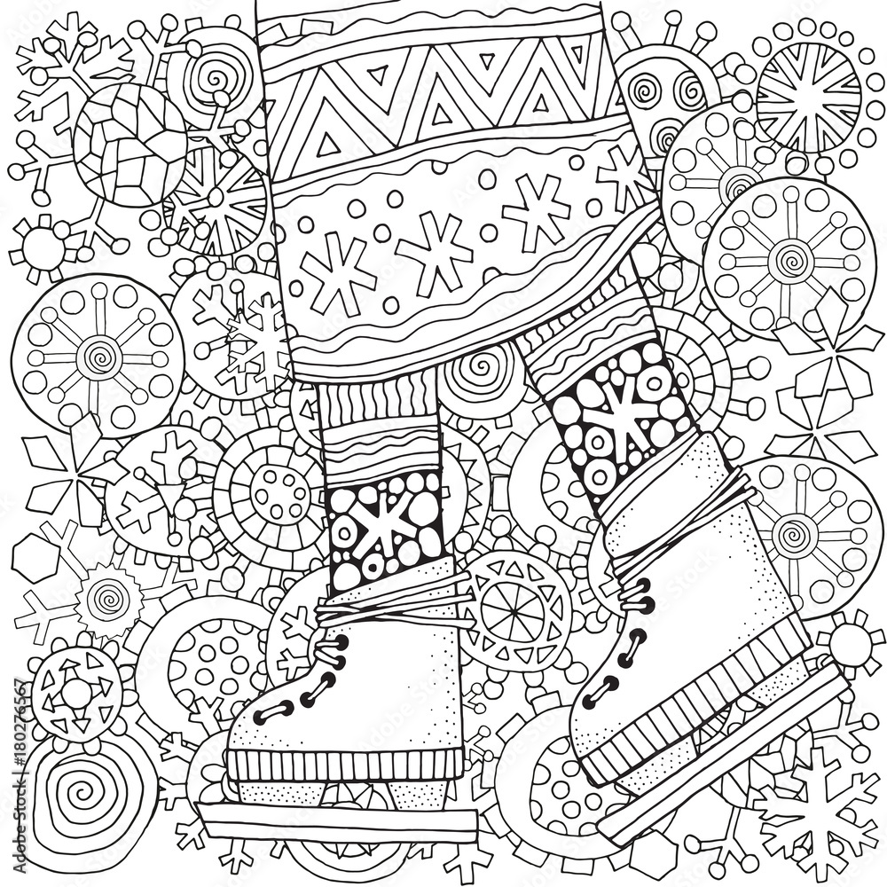 Wall mural Winter girl on skates. Winter snowflakes. Adult Coloring book page. Hand-drawn vector illustration. Pattern for coloring book. Zentangle. Black and white.