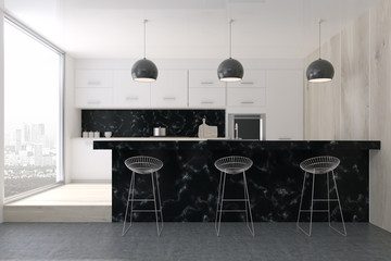White kitchen with a black bar stand