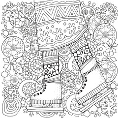 Winter girl on skates. Winter snowflakes. Adult Coloring book page. Hand-drawn vector illustration. Pattern for coloring book. Zentangle. Black and white.