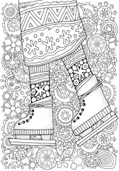 Fototapeta na wymiar Winter girl on skates. Winter snowflakes. Adult Coloring book page. Hand-drawn vector illustration. Pattern for coloring book. Zentangle. Black and white.
