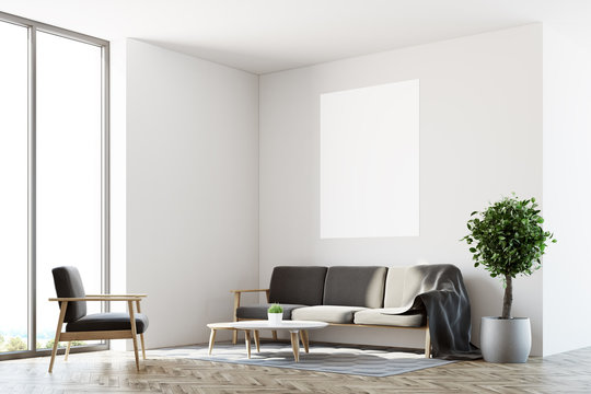 White living room, sofa, poster side