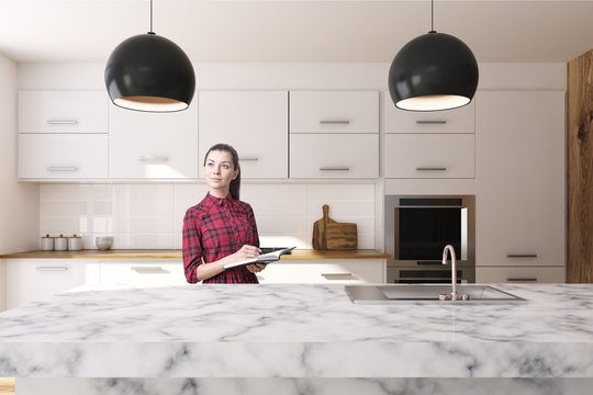 White Kitchen, Marble Countertop, Woman