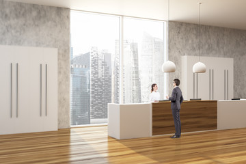 Fototapeta premium Wooden and concrete office, reception side people