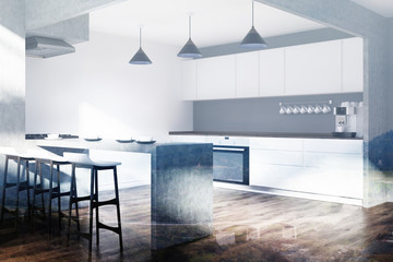 White and gray kitchen with a bar stand toned side