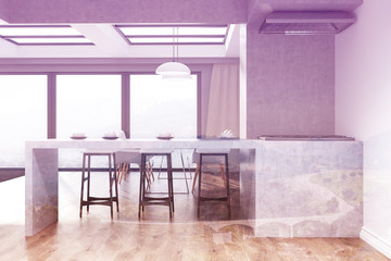 White and gray kitchen with a bar stand double