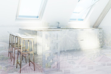 Attic kitchen with a bar side toned