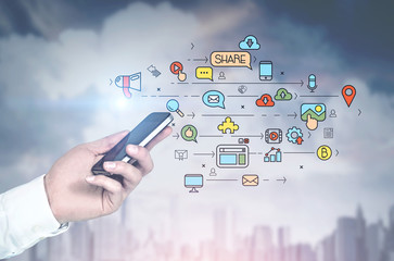 Man s hand with smartphone, social media city