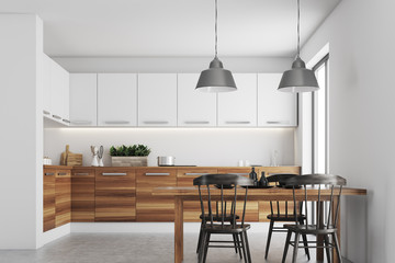 White dining room, wood countertops