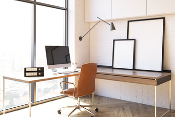 White home office interior, loft side