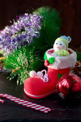 Christmas snowman sitting inside red christmas boot.
