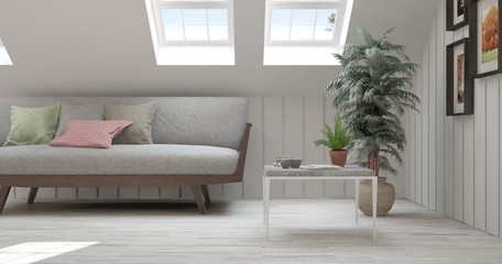 Idea of white minimalist room with sofa. Scandinavian interior design. 3D illustration
