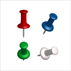 Collection of various push pins. Set of push pins in different colors. Isolated on white background. Multi-colored stationery needles for puncturing notes and reminders. Multicolored clerical buttons