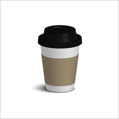 Realistic paper coffee cup. Black cover. White walls. Cardboard holder. 3d rendering isolated on the white background vector illustration. Mock up for logo or design. Template cup. Coffee to go