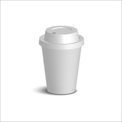 Realistic paper coffee cup. White cover. White walls. Cardboard holder. 3d rendering isolated on the white background vector illustration. Mock up for logo or design. Template cup. Coffee to go