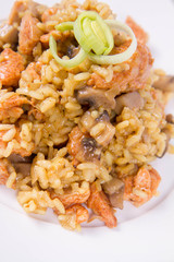 Risotto with mushrooms and chicken decorated with leek