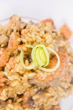 Risotto with mushrooms and chicken decorated with leek