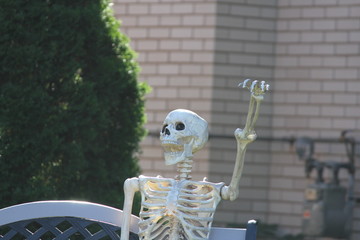 A plastic, decorative, imitation of a human skeleton, sitting in a yard chair, in preparation for Halloween.  

