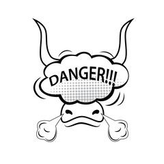Bull head with speech bubble danger, vector illustration.