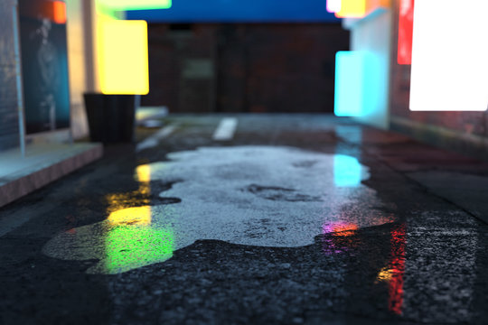 Fototapeta 3d rendering of close up puddle with reflection of neon lights at dark alley street