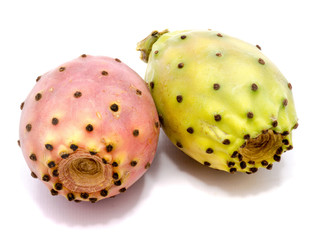 Two whole prickly pears, green yellow and pink isolated on white background.